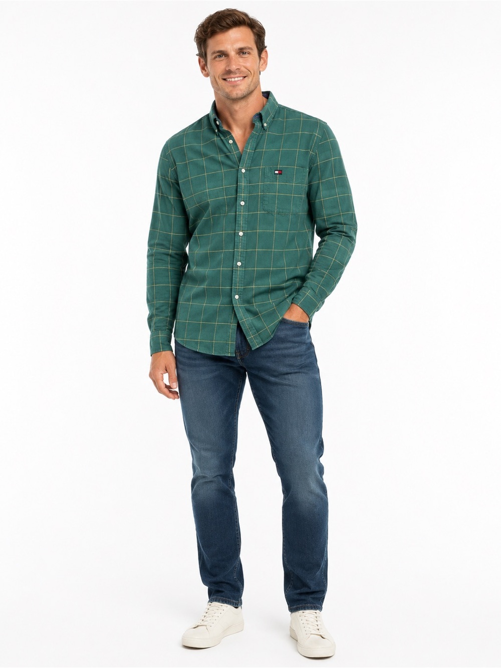 Tommy Hilfiger Green Windowpane Button-Up Shirt – Size Medium
